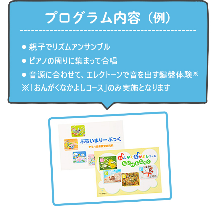 プログラム内容（例）　親子でリズムアンサンブル 音源に合わせて、エレクトーンで音を出す鍵盤体験 講師の生演奏